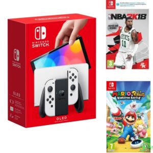 Nintendo Switch A OLED igraća konzola bijela +NBA 2K18 igra + Mario Rabbids Kingdom Battle